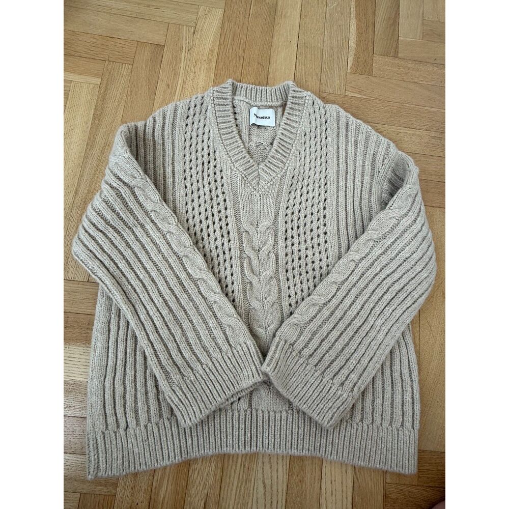 NANUSHKA - Camel Alpaca/Wool Oversized V Neck Cable Sweater - M